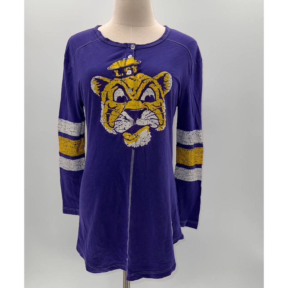 The Original Retro Brand LSU Tigers Purple/Yellow Long Sleeve Henley Shirt- L